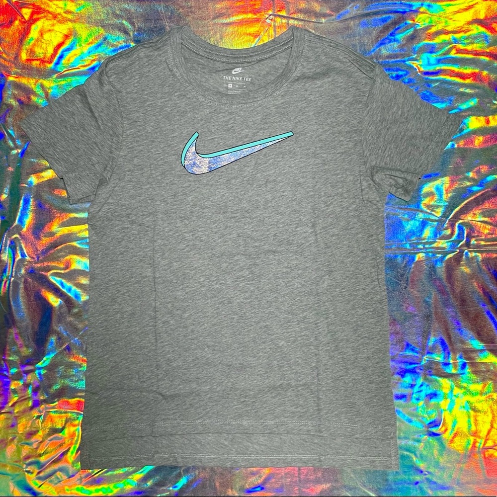 Grey Nike Short Sleeve T-Shirt with Holographic and Teal Layered Logo